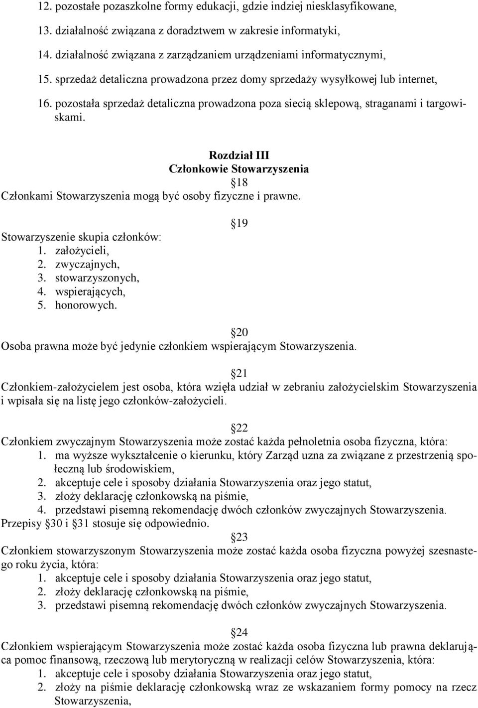 pozostała sprzedaż detaliczna prowadzona poza siecią sklepową, straganami i targowiskami. Rozdział III Członkowie Stowarzyszenia 18 Członkami Stowarzyszenia mogą być osoby fizyczne i prawne.