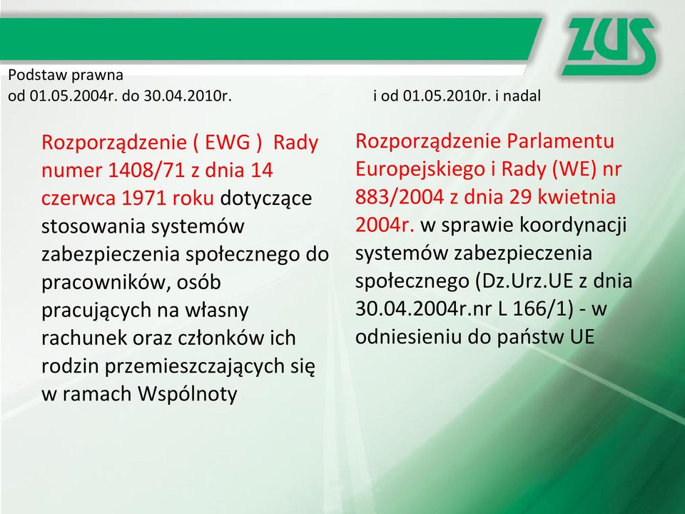 pracowników, osób pracujących na własny rachunek oraz członków ich rodzin przemieszczających się w ramach Wspólnoty i od 01.05.2010r.