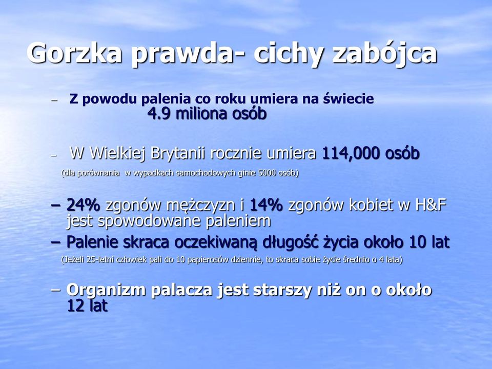 osób) 24% zgonów mężczyzn i 14% zgonów kobiet w H&F jest spowodowane paleniem Palenie skraca oczekiwaną długość życia