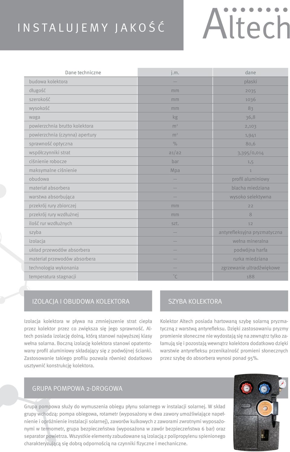 współczynniki strat a1/a2 3,395/0,014 ciśnienie robocze bar 1,5 maksymalne ciśnienie Mpa 1 obudowa profil aluminiowy materiał absorbera blacha miedziana warstwa absorbująca wysoko selektywna przekrój