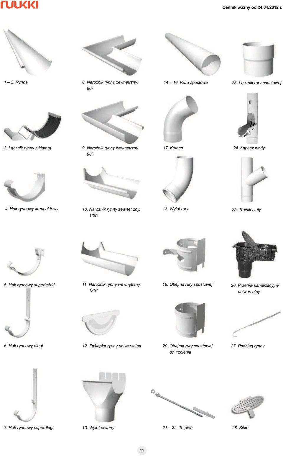 Trójnik sta y 5. Hak rynnowy superkrótki 11. Naro nik rynny wewn trzny, 135º 19. Obejma rury spustowej 26. Przelew kanalizacyjny uniwersalny 6.