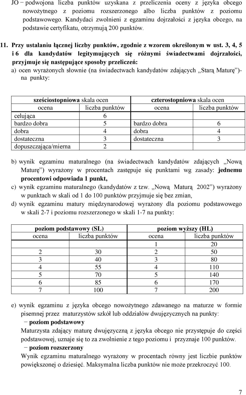 3, 4, 5 i 6 dla kandydatów legitymujących się różnymi świadectwami dojrzałości, przyjmuje się następujące sposoby przeliczeń: a) ocen wyrażonych słownie (na świadectwach kandydatów zdających Starą