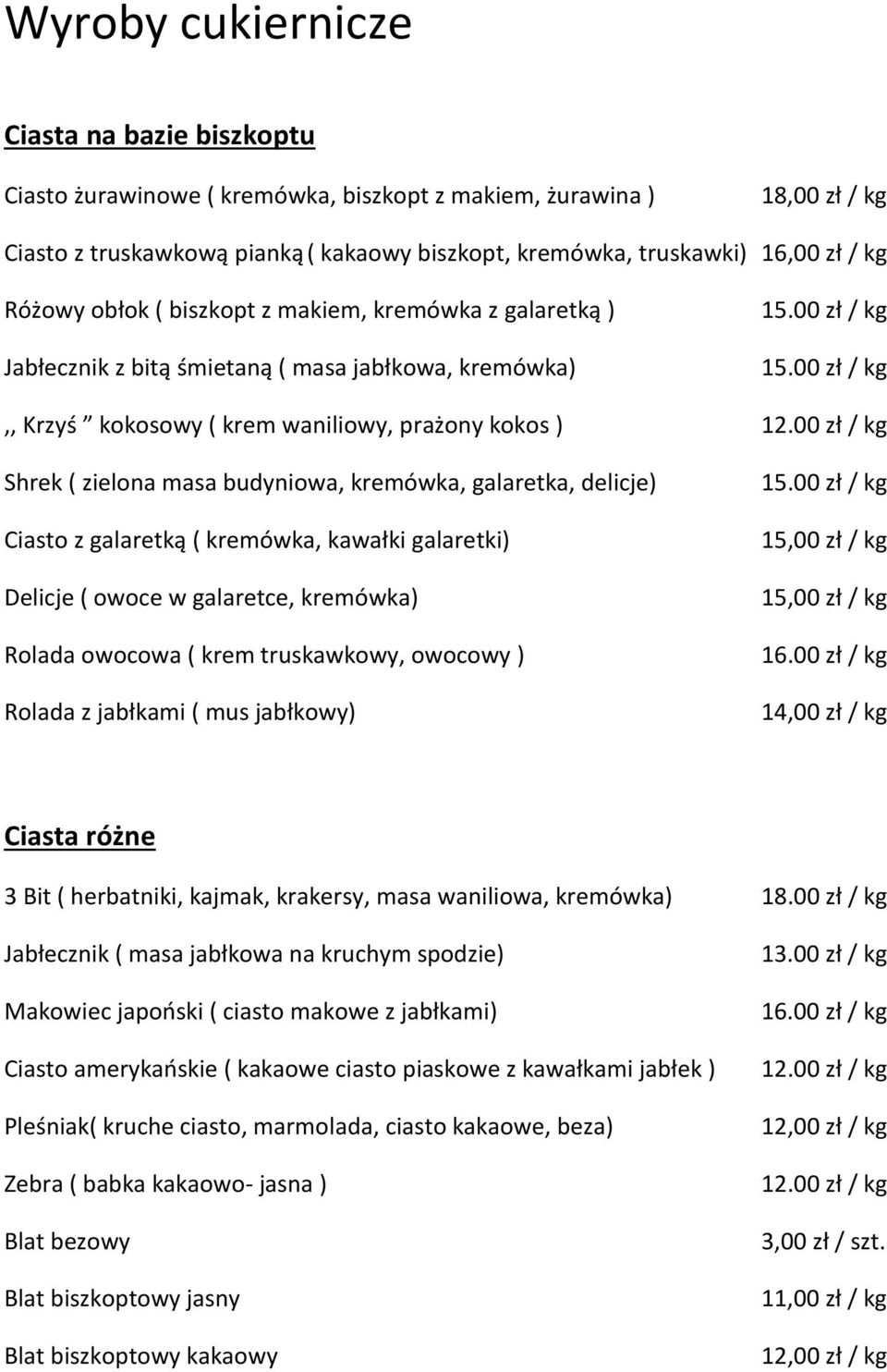 00 zł / kg Shrek ( zielona masa budyniowa, kremówka, galaretka, delicje) Ciasto z galaretką ( kremówka, kawałki galaretki) Delicje ( owoce w galaretce, kremówka) Rolada owocowa ( krem truskawkowy,