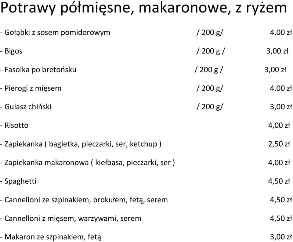 bagietka, pieczarki, ser, ketchup ) 2,50 zł - Zapiekanka makaronowa ( kiełbasa, pieczarki, ser ) 4,00 zł - Spaghetti 4,50 zł -