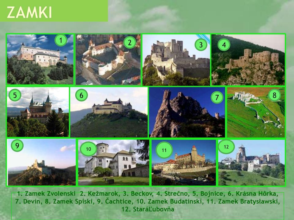 Krásna Hôrka, 7. Devín, 8. Zamek Spiski, 9.