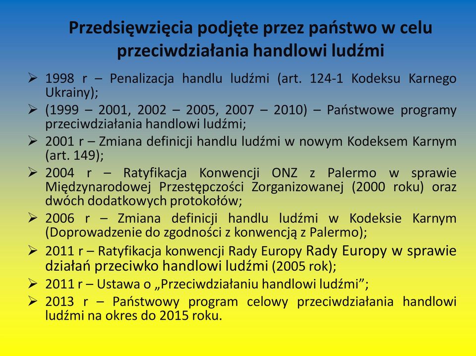 149); 2004 r Ratyfikacja Konwencji ONZ z Palermo w sprawie Międzynarodowej Przestępczości Zorganizowanej (2000 roku) oraz dwóch dodatkowych protokołów; 2006 r Zmiana definicji handlu ludźmi w