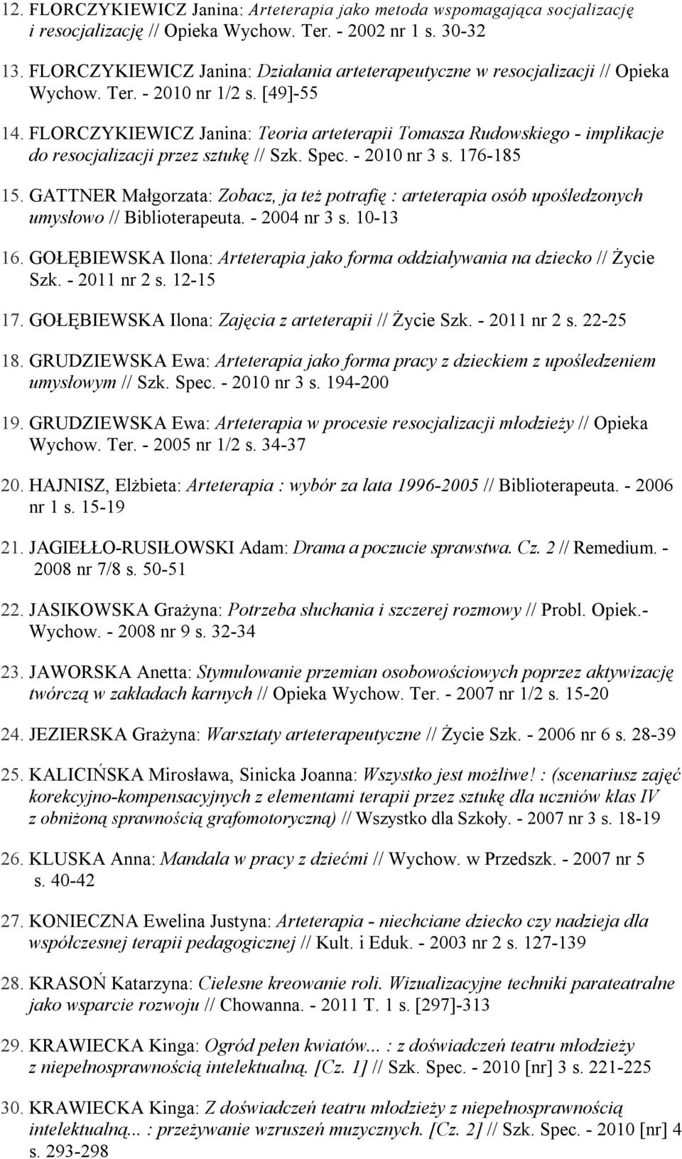 FLORCZYKIEWICZ Janina: Teoria arteterapii Tomasza Rudowskiego - implikacje do resocjalizacji przez sztukę // Szk. Spec. - 2010 nr 3 s. 176-185 15.