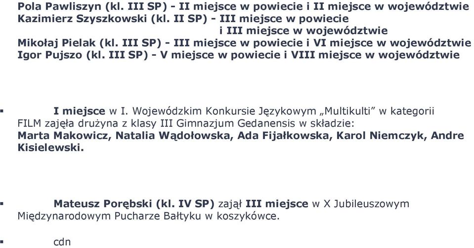 III SP) - V miejsce w powiecie i VIII miejsce w województwie I miejsce w I.