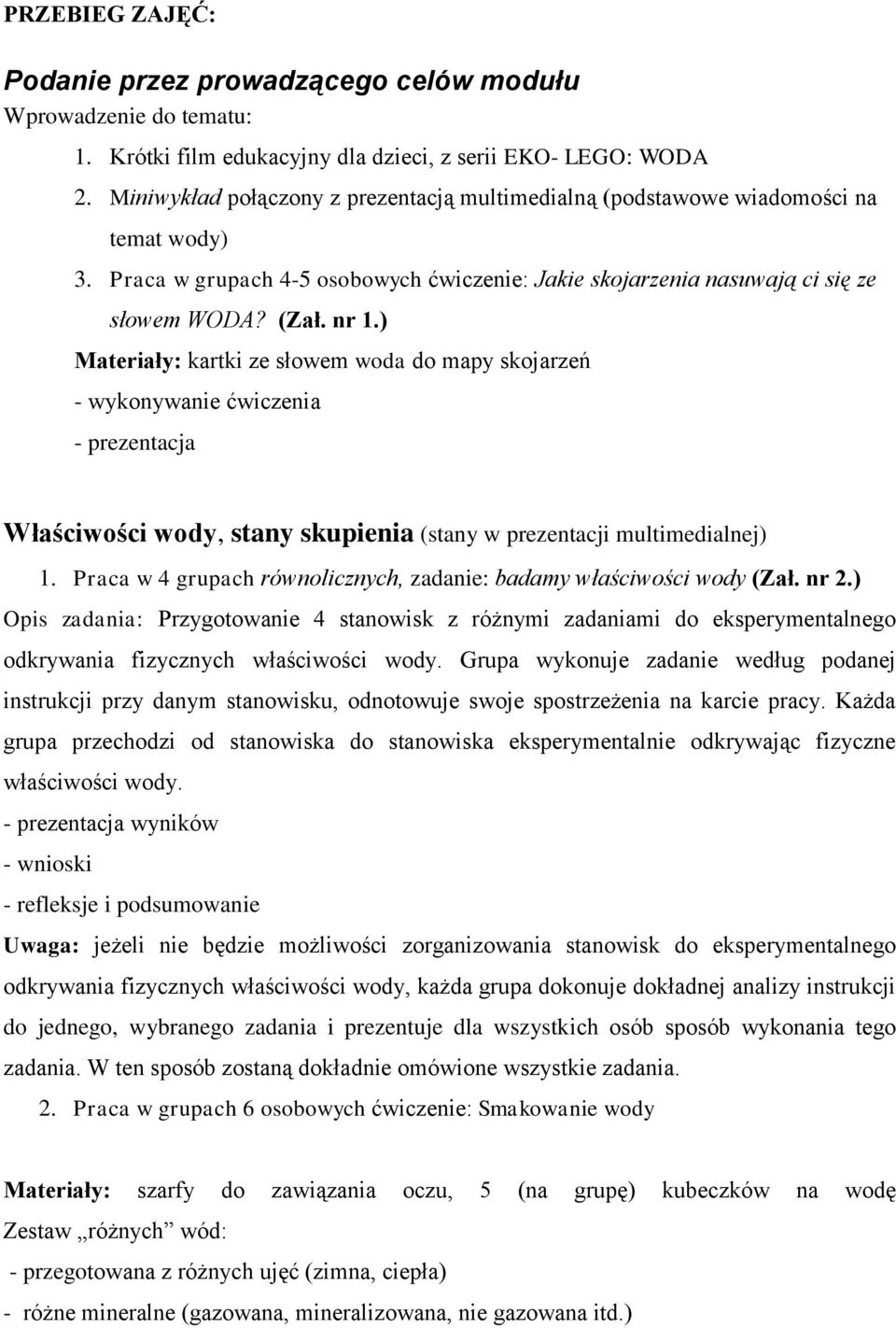 ) Materiały: kartki ze słowem woda do mapy skojarzeń - wykonywanie ćwiczenia - prezentacja Właściwości wody, stany skupienia (stany w prezentacji multimedialnej) 1.