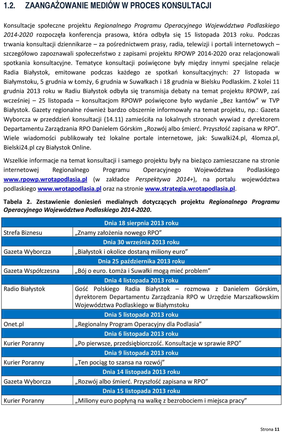 Podczas trwania konsultacji dziennikarze za pośrednictwem prasy, radia, telewizji i portali internetowych szczegółowo zapoznawali społeczeństwo z zapisami projektu RPOWP 2014-2020 oraz relacjonowali