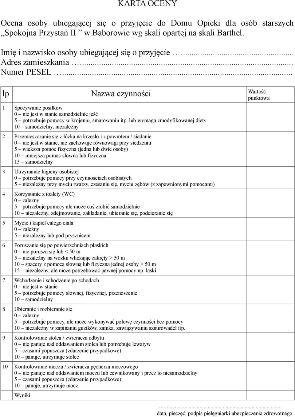 .. lp Nazwa czynności Wartość punktowa 1 Spożywanie posiłków 0 nie jest w stanie samodzielnie jeść 5 potrzebuje pomocy w krojeniu, smarowaniu itp.