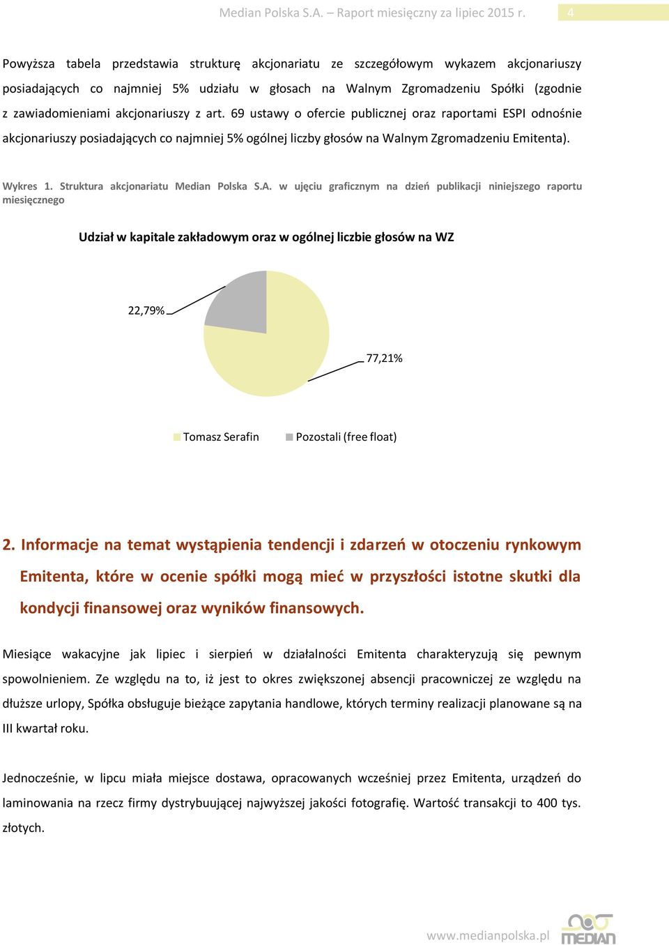 akcjonariuszy z art. 69 ustawy o ofercie publicznej oraz raportami ESPI odnośnie akcjonariuszy posiadających co najmniej 5% ogólnej liczby głosów na Walnym Zgromadzeniu Emitenta). Wykres 1.