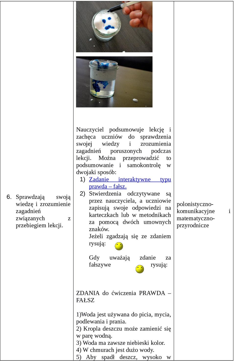 2) Stwerdzena odczytywane są przez nauczycela, a ucznowe zapsują swoje odpowedz na karteczkach lub w metodnkach za pomocą dwóch umownych znaków.