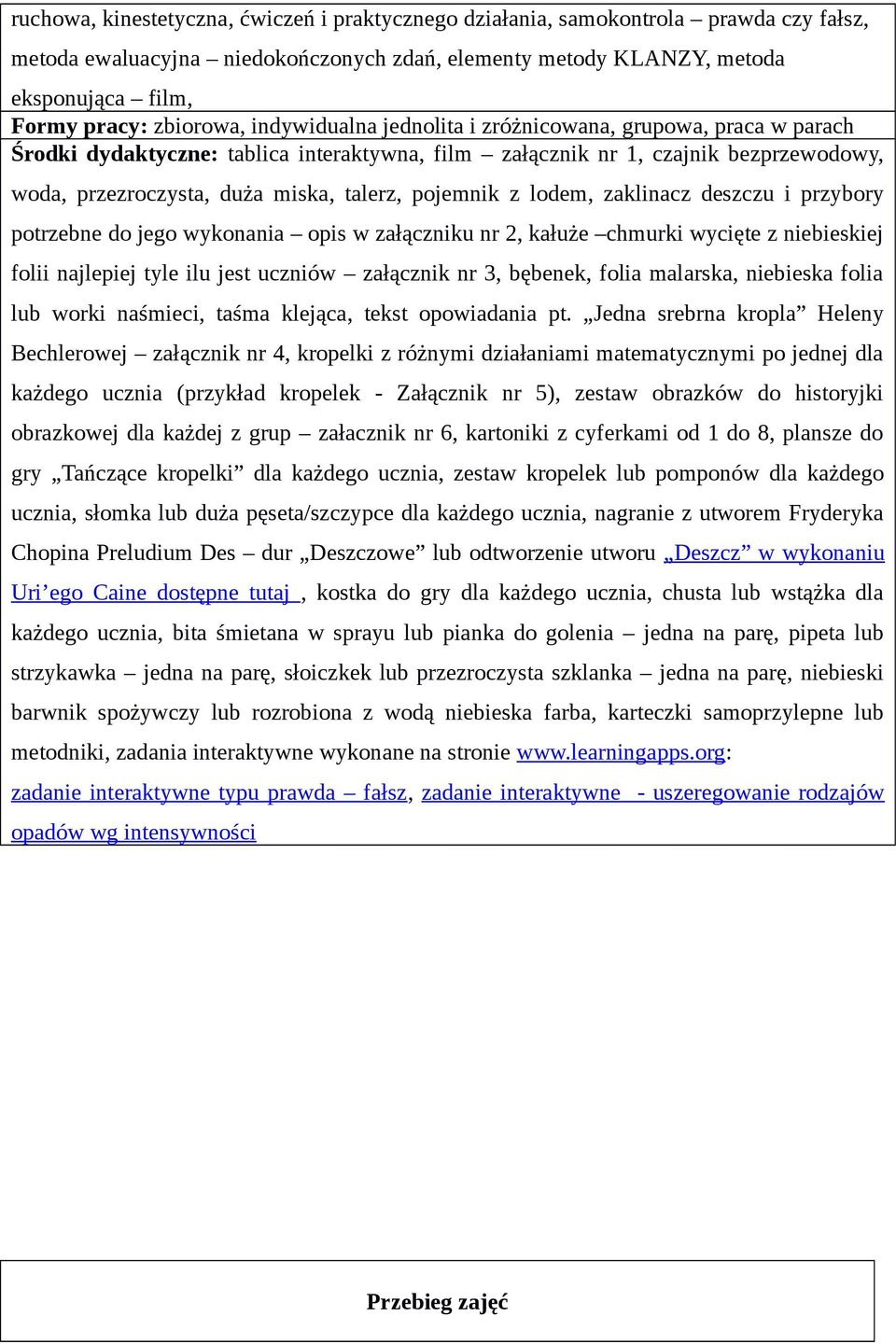 zaklnacz deszczu przybory potrzebne do jego wykonana ops w załącznku nr 2, kałuże chmurk wycęte z nebeskej fol najlepej tyle lu jest ucznów załącznk nr 3, bębenek, fola malarska, nebeska fola lub