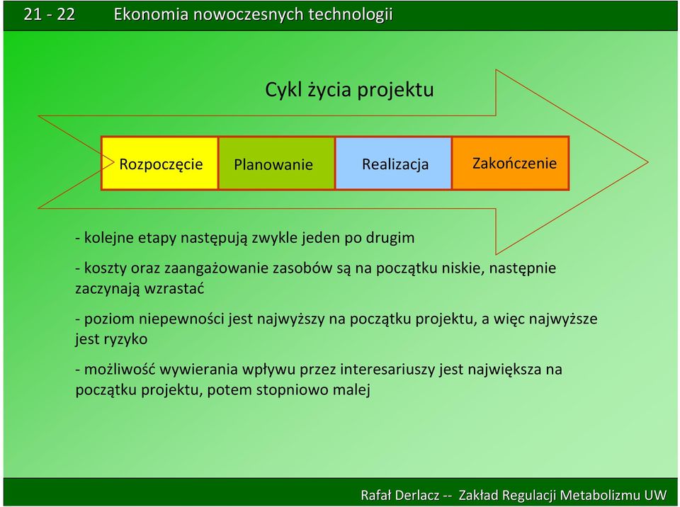 wzrastać poziom niepewności jest najwyższy na początku projektu, a więc najwyższe jest ryzyko