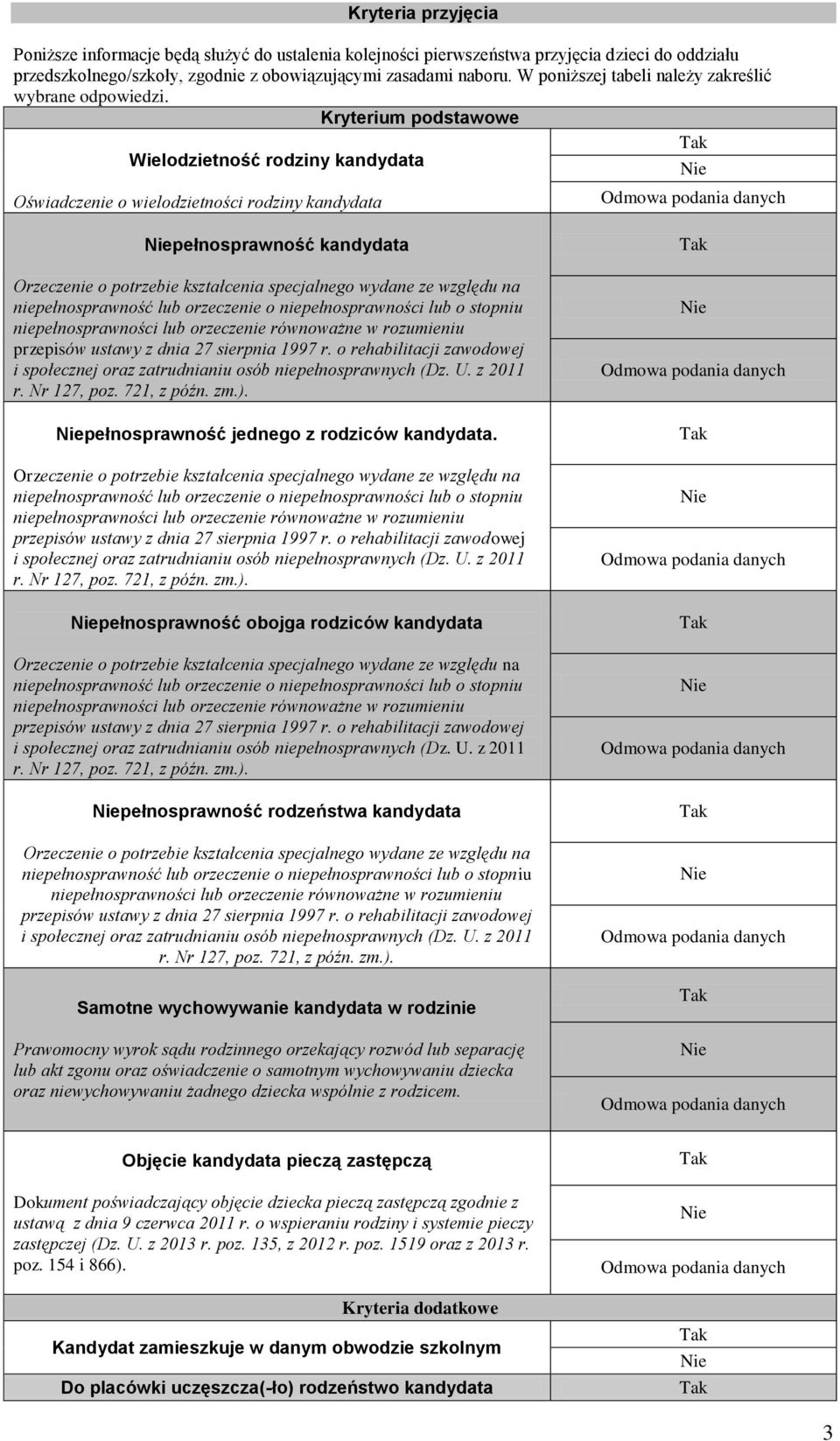 Kryterium podstawowe Wielodzietność rodziny kandydata Oświadczenie o wielodzietności rodziny kandydata pełnosprawność kandydata pełnosprawność jednego z rodziców kandydata.