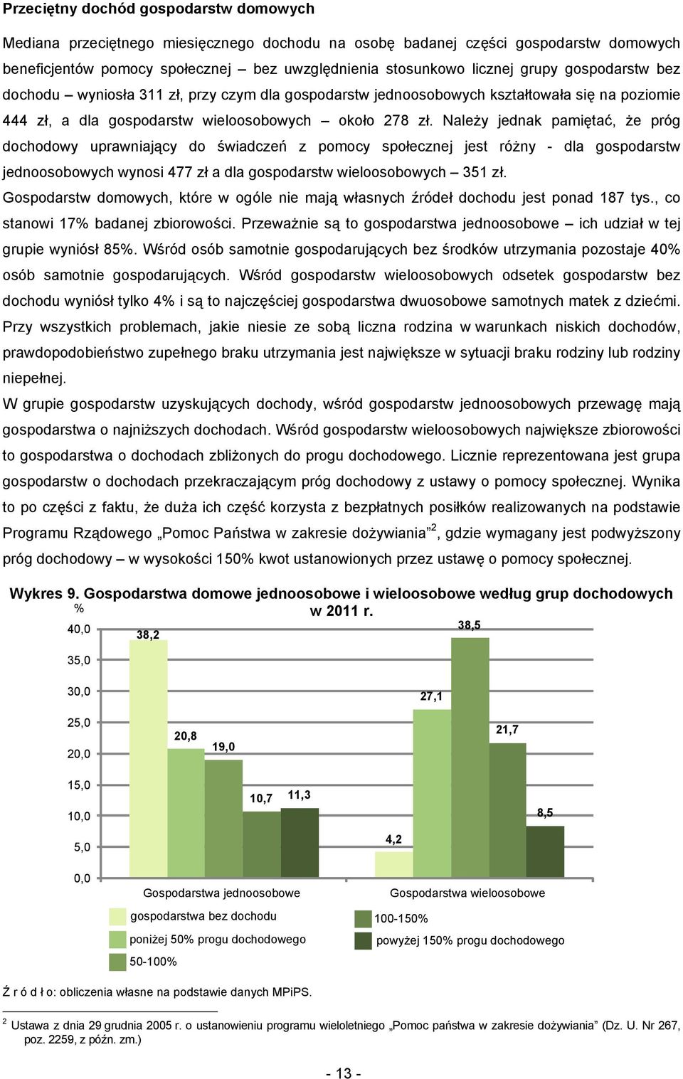 Należy jednak pamiętać, że próg dochodowy uprawniający do świadczeń z pomocy społecznej jest różny - dla gospodarstw jednoosobowych wynosi 477 zł a dla gospodarstw wieloosobowych 351 zł.