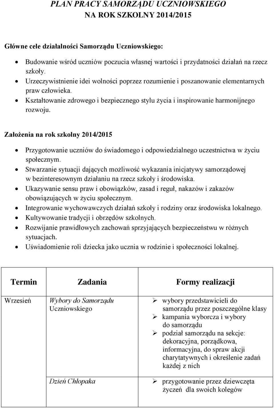 Założenia na rok szkolny 2014/2015 Przygotowanie uczniów do świadomego i odpowiedzialnego uczestnictwa w życiu społecznym.