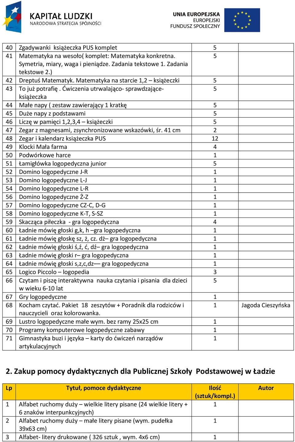 Ćwiczenia utrwalająco- sprawdzająceksiążeczka 5 44 Małe napy ( zestaw zawierający kratkę 5 45 Duże napy z podstawami 5 46 Liczę w pamięci,2,3,4 książeczki 5 47 Zegar z magnesami, zsynchronizowane