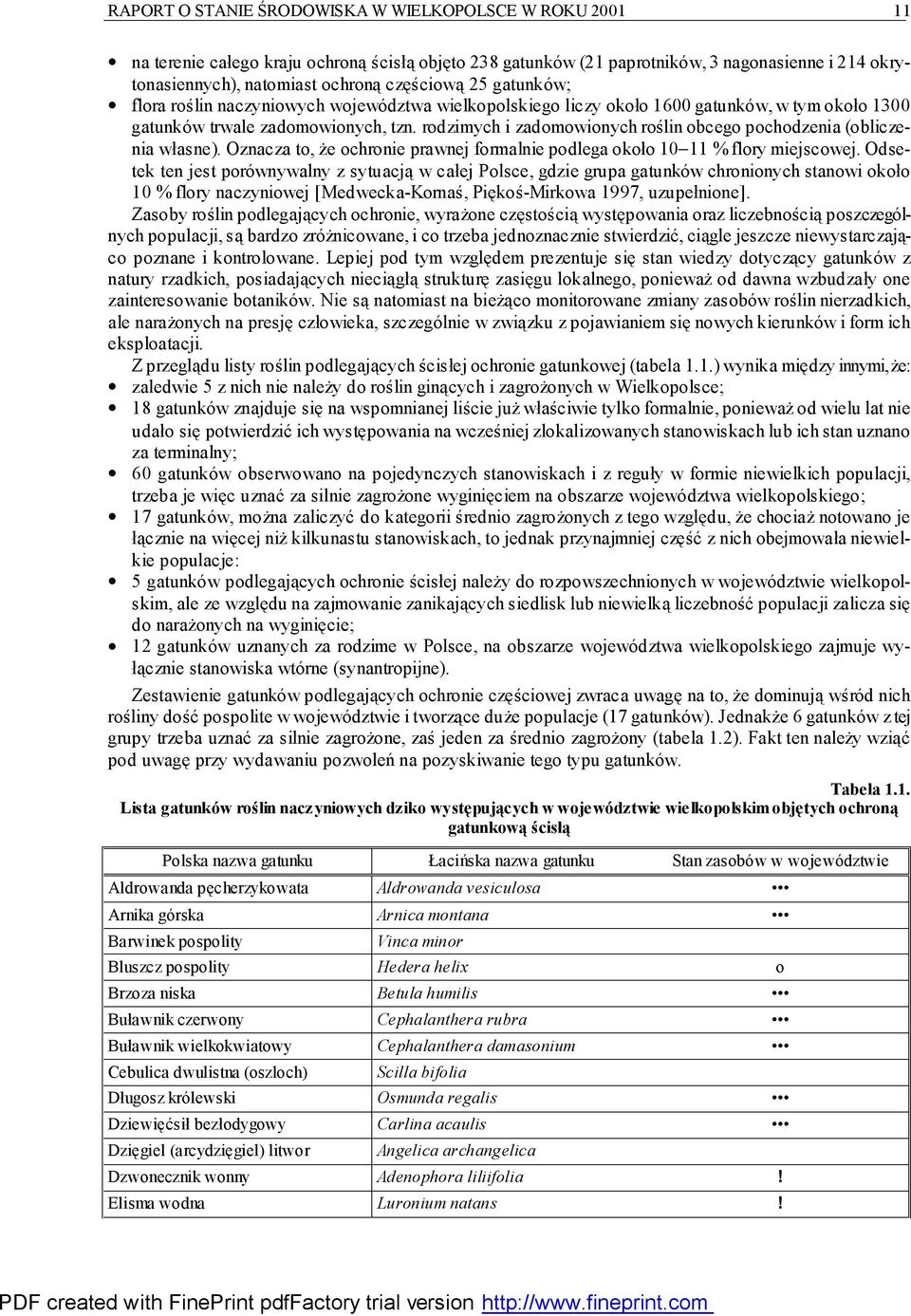 rodzimych i zadomowionych roślin obcego pochodzenia (obliczenia własne). Oznacza to, ż e ochronie prawnej formalnie podlega około 10 11 % flory miejscowej.