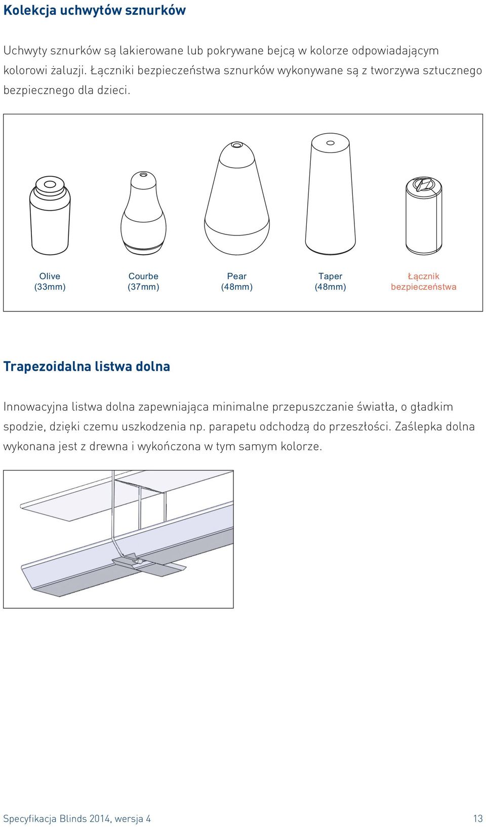 Olive (33mm) Courbe (37mm) Pear (48mm) Taper (48mm) Łącznik bezpieczeństwa Trapezoidalna listwa dolna Innowacyjna listwa dolna zapewniająca