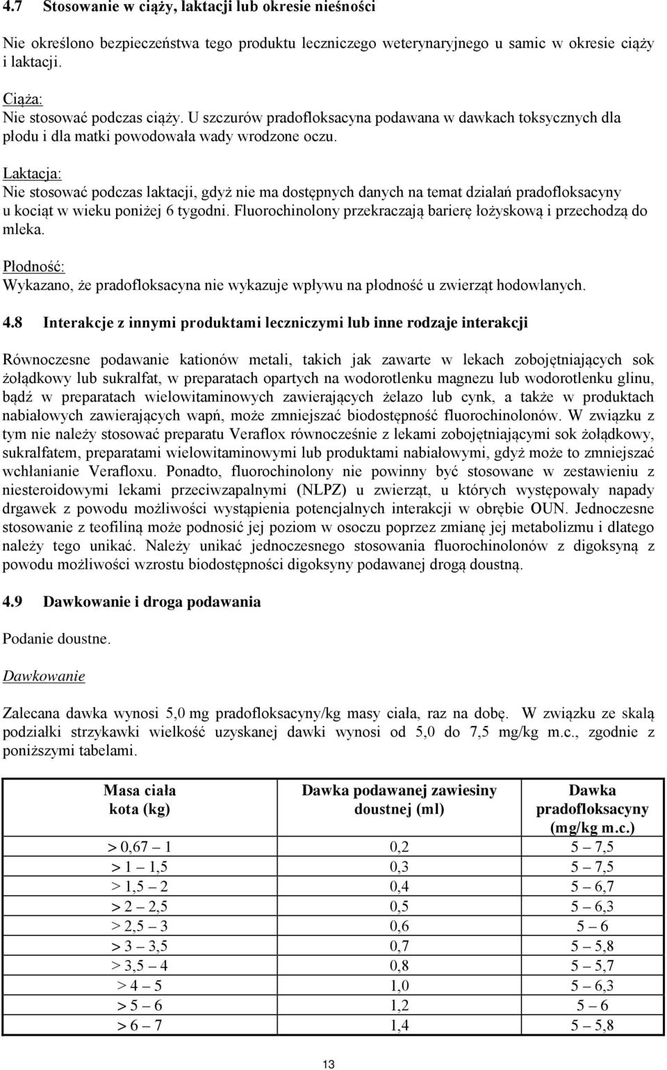 Laktacja: Nie stosować podczas laktacji, gdyż nie ma dostępnych danych na temat działań pradofloksacyny u kociąt w wieku poniżej 6 tygodni.