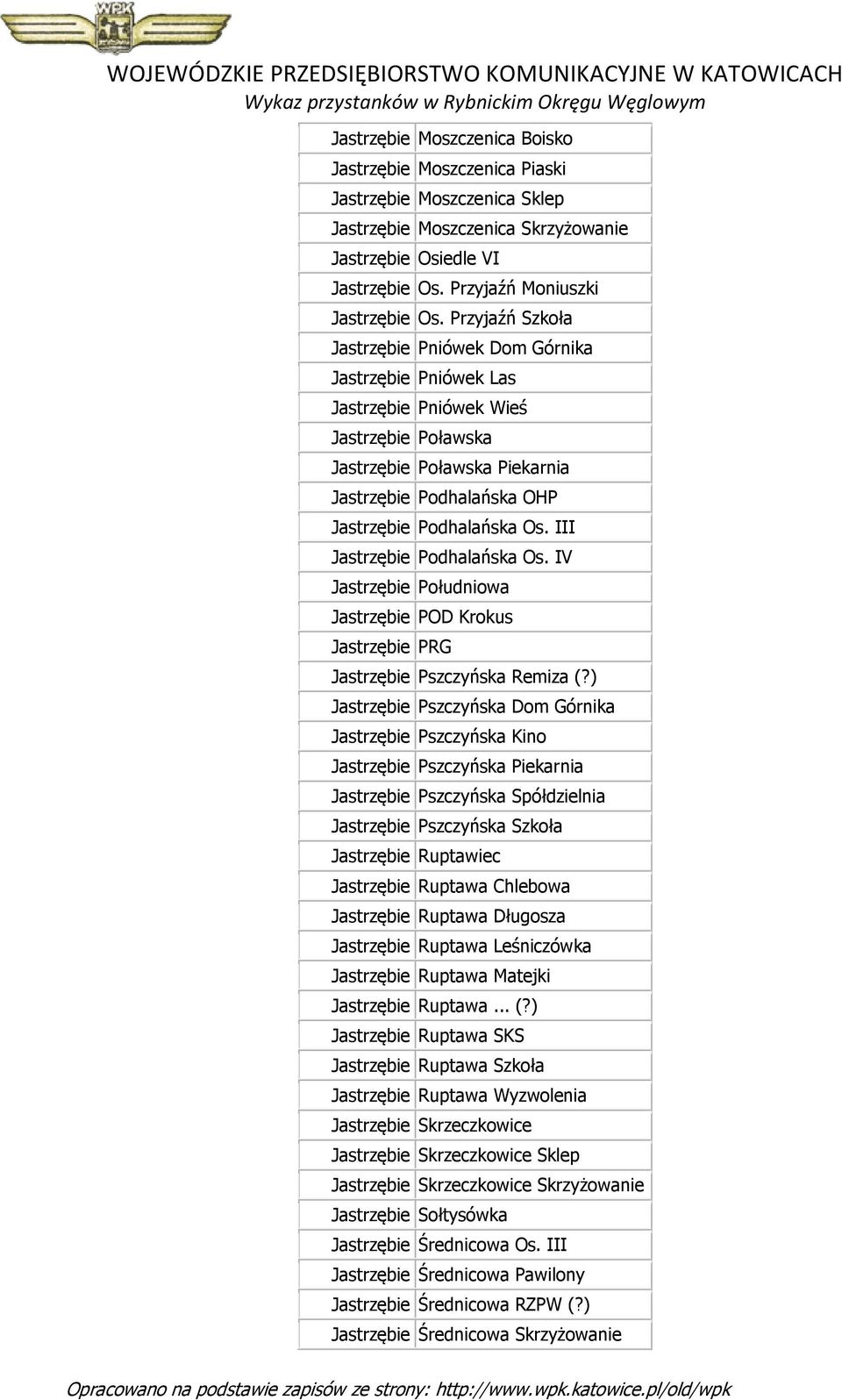 III Jastrzębie Podhalańska Os. IV Jastrzębie Południowa Jastrzębie POD Krokus Jastrzębie PRG Jastrzębie Pszczyńska Remiza (?