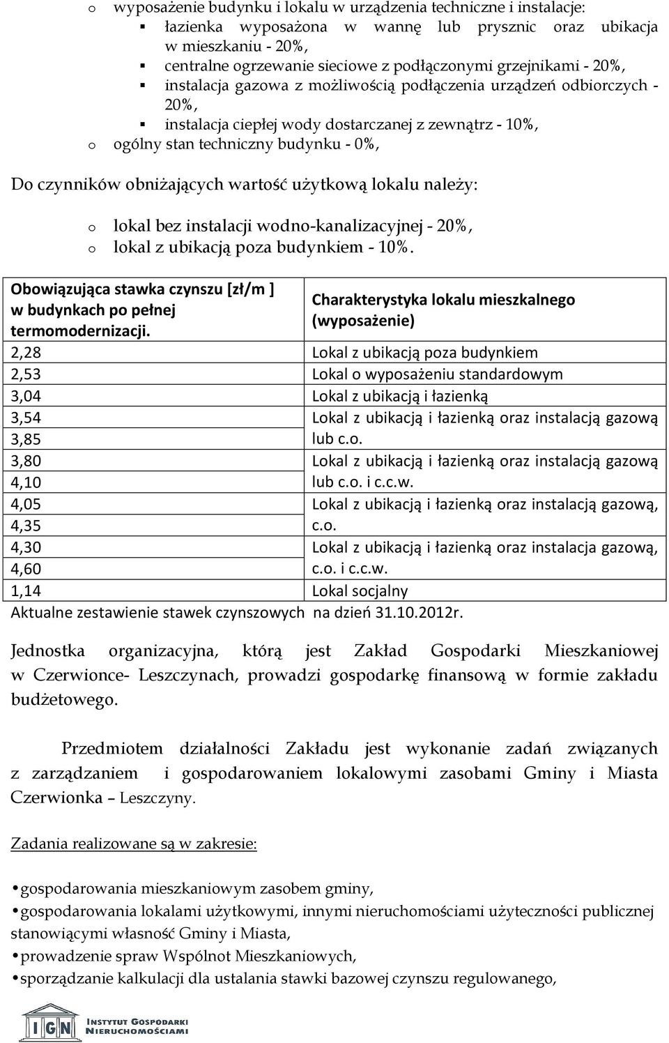 obniżających wartość użytkową lokalu należy: o lokal bez instalacji wodno-kanalizacyjnej - 20%, o lokal z ubikacją poza budynkiem - 10%.