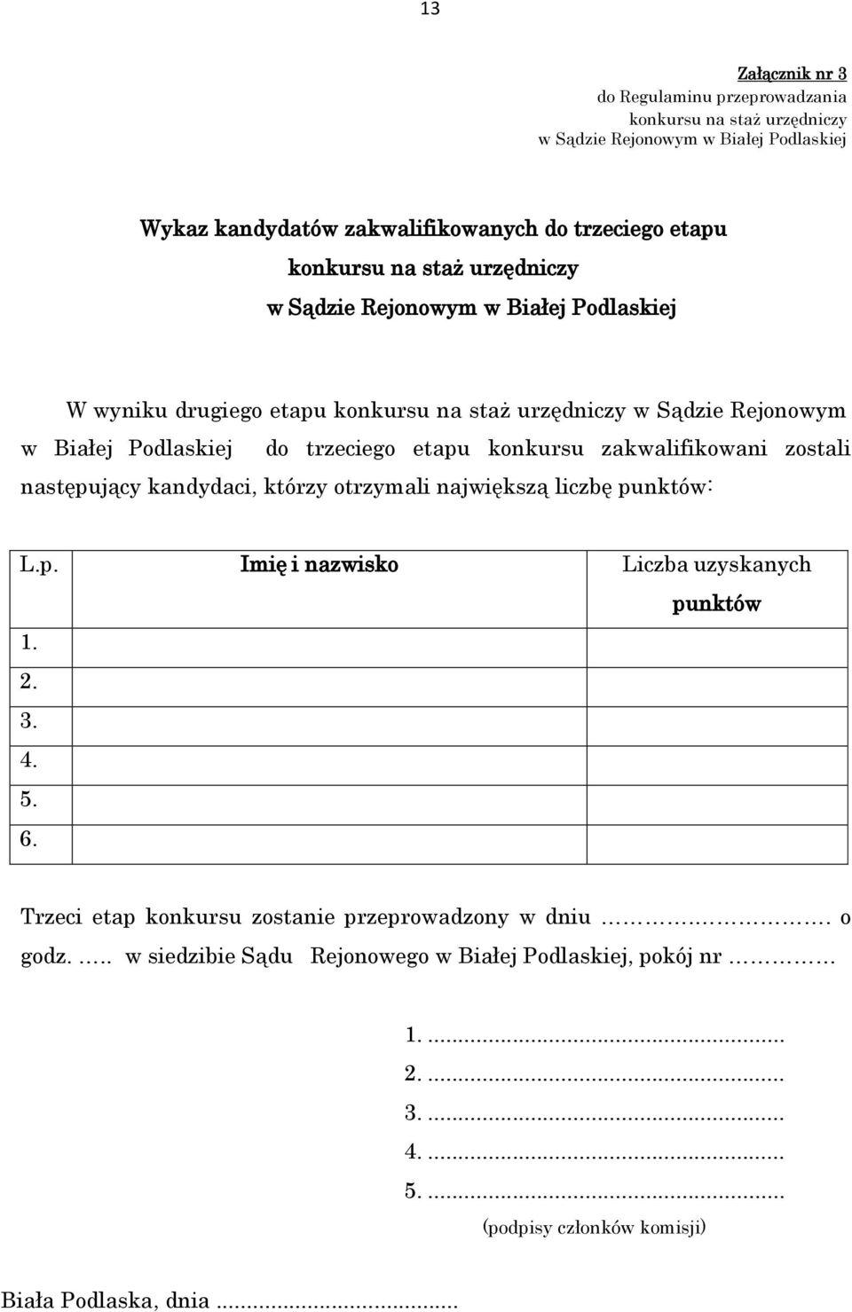 zakwalifikowani zostali następujący kandydaci, którzy otrzymali największą liczbę punktów: L.p. Imię i nazwisko Liczba uzyskanych punktów 1. 2. 3. 4. 5. 6.