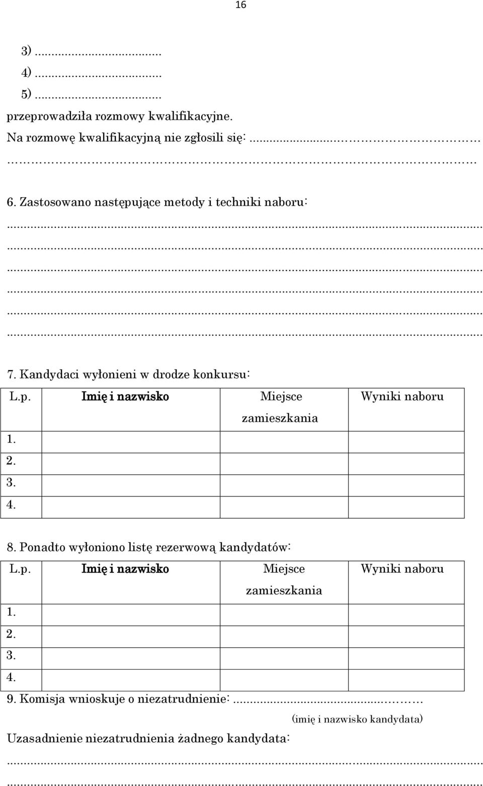 2. 3. 4. Wyniki naboru 8. Ponadto wyłoniono listę rezerwową kandydatów: L.p. Imię i nazwisko Miejsce Wyniki naboru zamieszkania 1. 2.