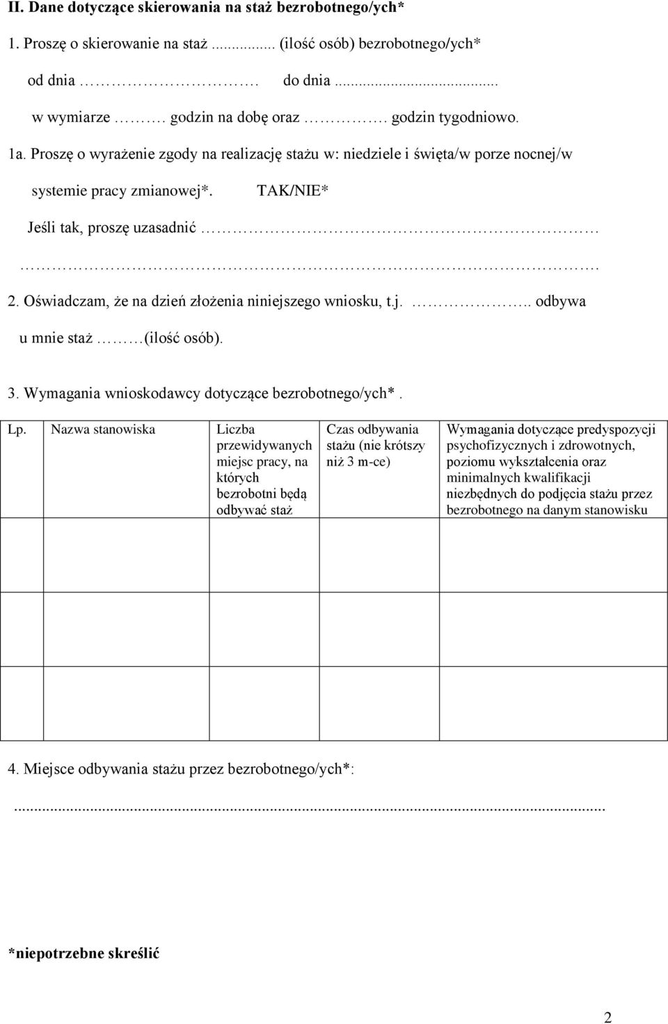 Oświadczam, że na dzień złożenia niniejszego wniosku, t.j... odbywa u mnie staż (ilość osób). 3. Wymagania wnioskodawcy dotyczące bezrobotnego/ych*. Lp.