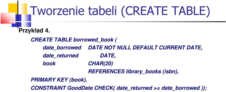 CURRENT DATE, date_returned DATE, book CHAR(20) REFERENCES