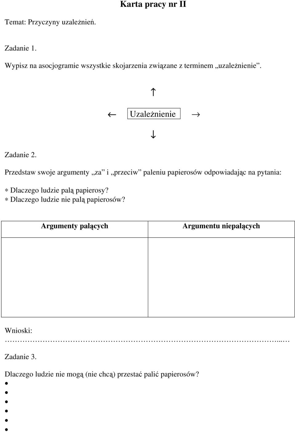 Uzależnienie Przedstaw swoje argumenty za i przeciw paleniu papierosów odpowiadając na pytania: Dlaczego