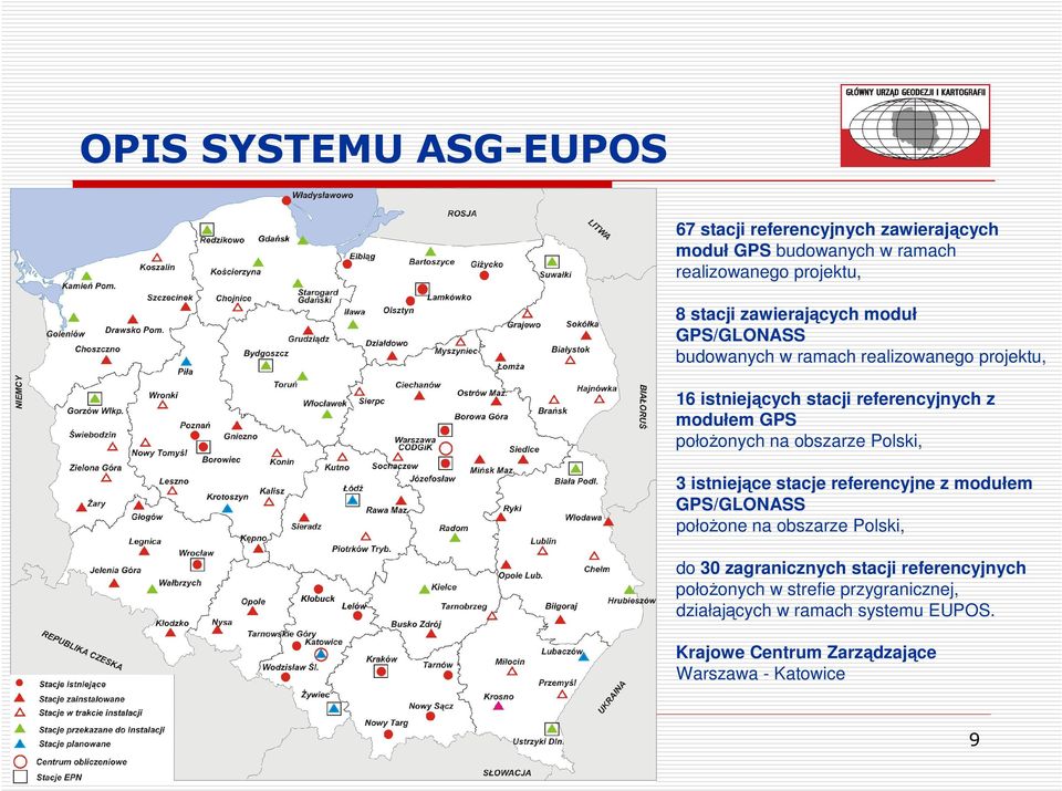 obszarze Polski, 3 istniejce stacje referencyjne z modułem GPS/GLONASS połoone na obszarze Polski, do 30 zagranicznych stacji