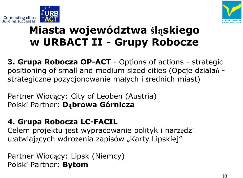 strategiczne pozycjonowanie małych i średnich miast) Partner Wiodący: City of Leoben (Austria) Polski Partner: Dąbrowa