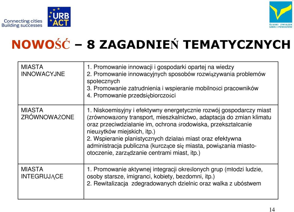 Niskoemisyjny i efektywny energetycznie rozwój gospodarczy miast (zrównowaŝony transport, mieszkalnictwo, adaptacja do zmian klimatu oraz przeciwdziałanie im, ochrona środowiska, przekształcanie