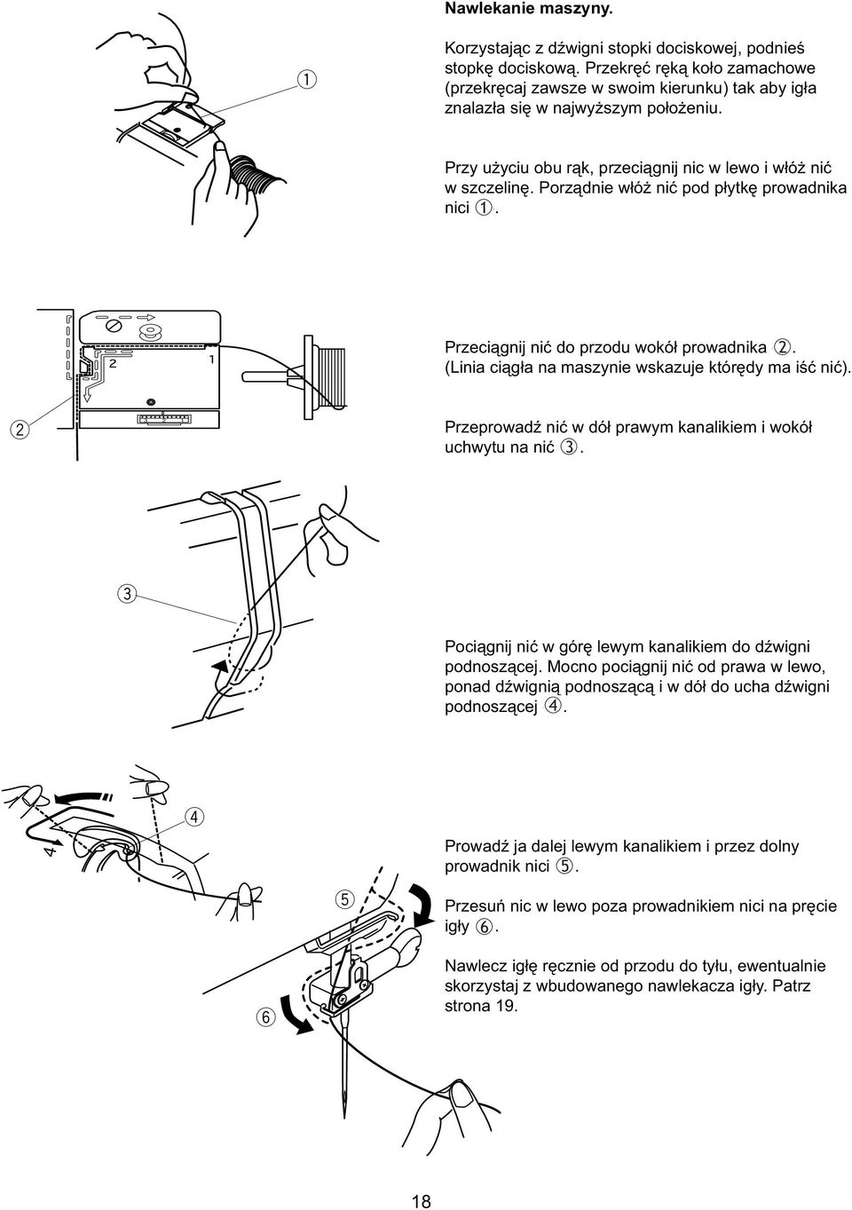 Using both hands, pull thrad toards lft and Przy insrt użyciu thrad obu rąk, into przciągnij slit. nic lo i łóż nić szczlinę. Porządni łóż nić pod płytkę proadnika nici (1).