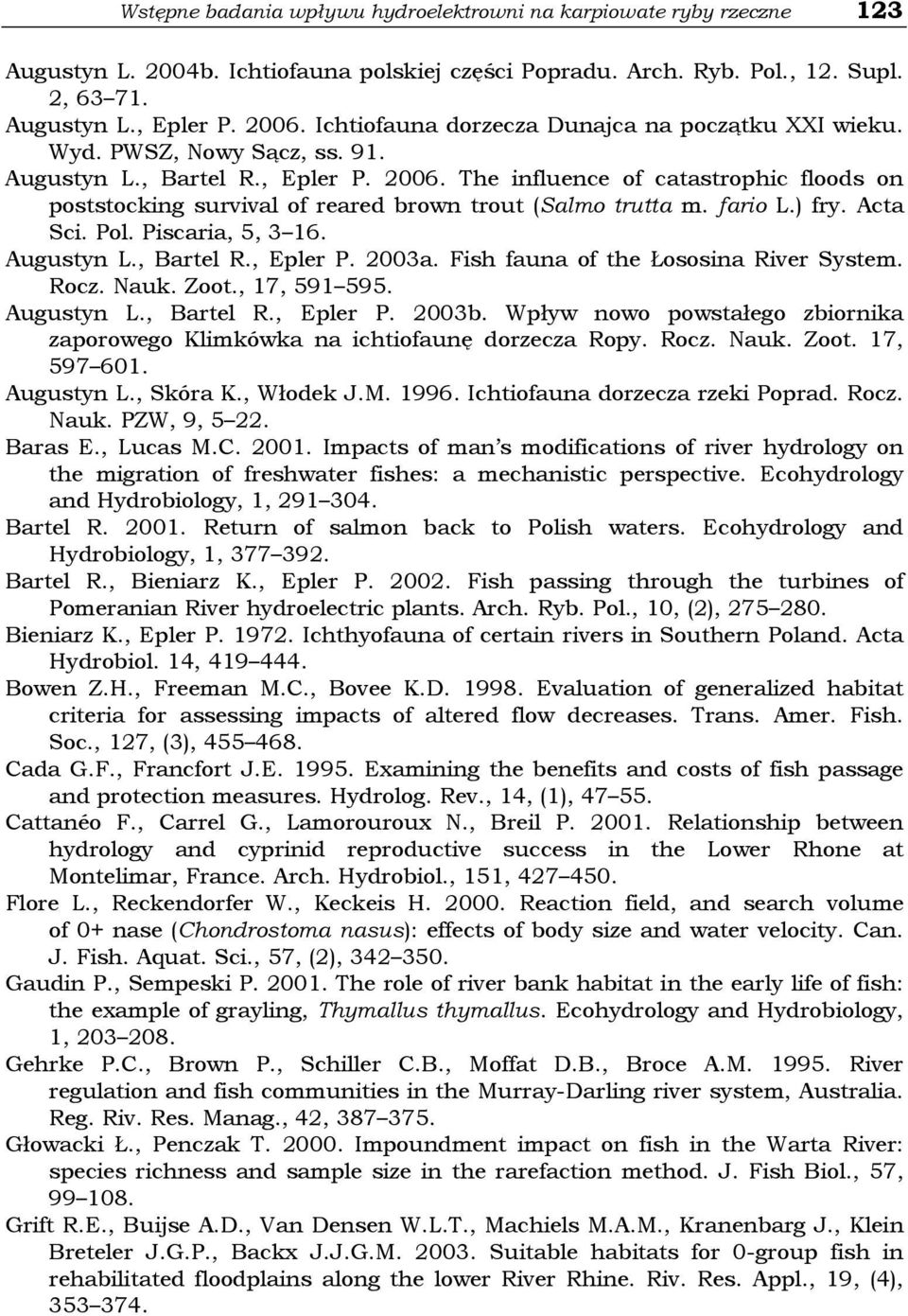 The influence of catastrophic floods on poststocking survival of reared brown trout (Salmo trutta m. fario L.) fry. Acta Sci. Pol. Piscaria, 5, 3 16. Augustyn L., Bartel R., Epler P. 2003a.