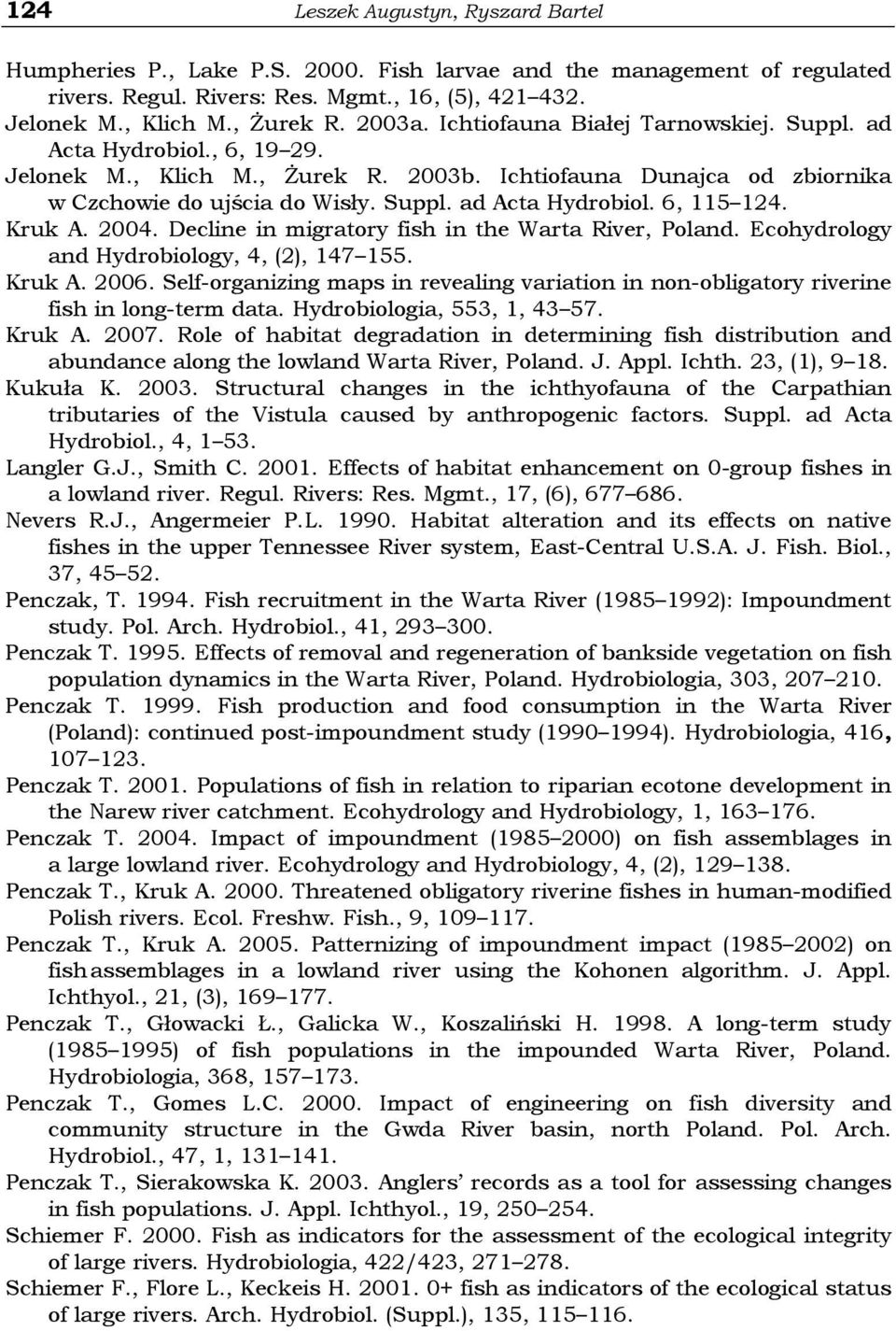 Kruk A. 2004. Decline in migratory fish in the Warta River, Poland. Ecohydrology and Hydrobiology, 4, (2), 147 155. Kruk A. 2006.