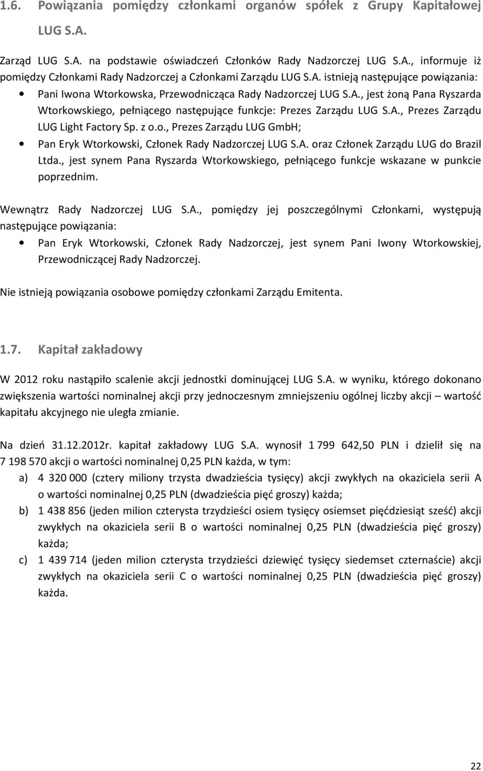 z o.o., Prezes Zarządu LUG GmbH; Pan Eryk Wtorkowski, Członek Rady Nadzorczej LUG S.A. oraz Członek Zarządu LUG do Brazil Ltda.