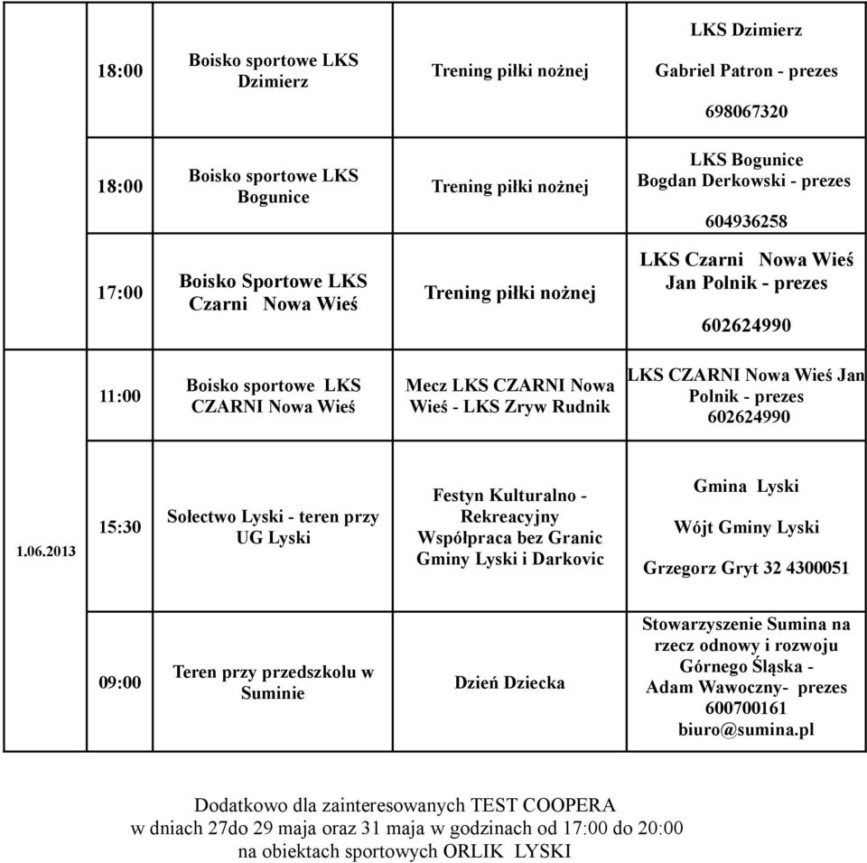 2013 Sołectwo - teren przy UG Festyn Kulturalno - Rekreacyjny Współpraca bez Granic Gminy i Darkovic Gmina Wójt Gminy Grzegorz Gryt 32 4300051 09:00 Teren przy przedszkolu w Suminie