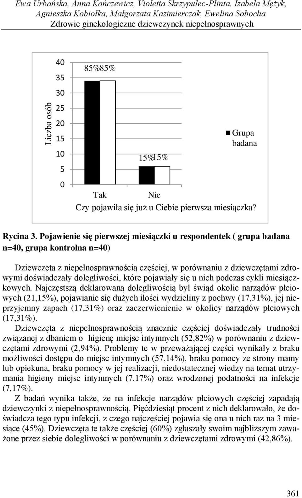 Pojawienie się pierwszej miesiączki u respondentek ( grupa badana n=40, grupa kontrolna n=40) Dziewczęta z niepełnosprawnością częściej, w porównaniu z dziewczętami zdrowymi doświadczały