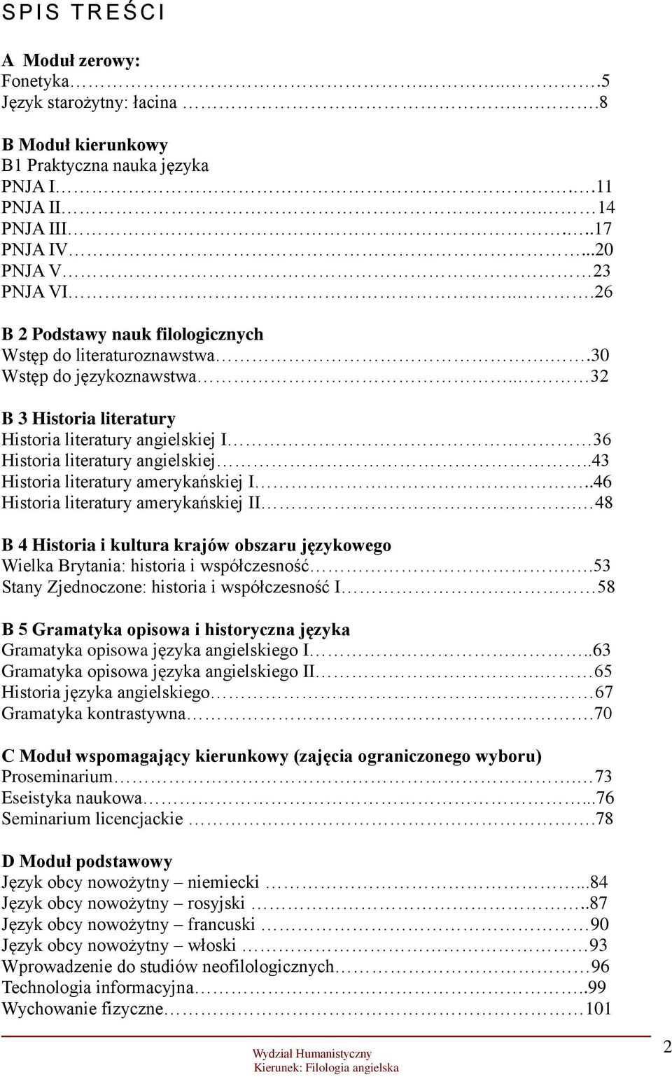 .43 Historia literatury amerykańskiej I..46 Historia literatury amerykańskiej II. 48 B 4 Historia i kultura krajów obszaru językowego Wielka Brytania: historia i współczesność.