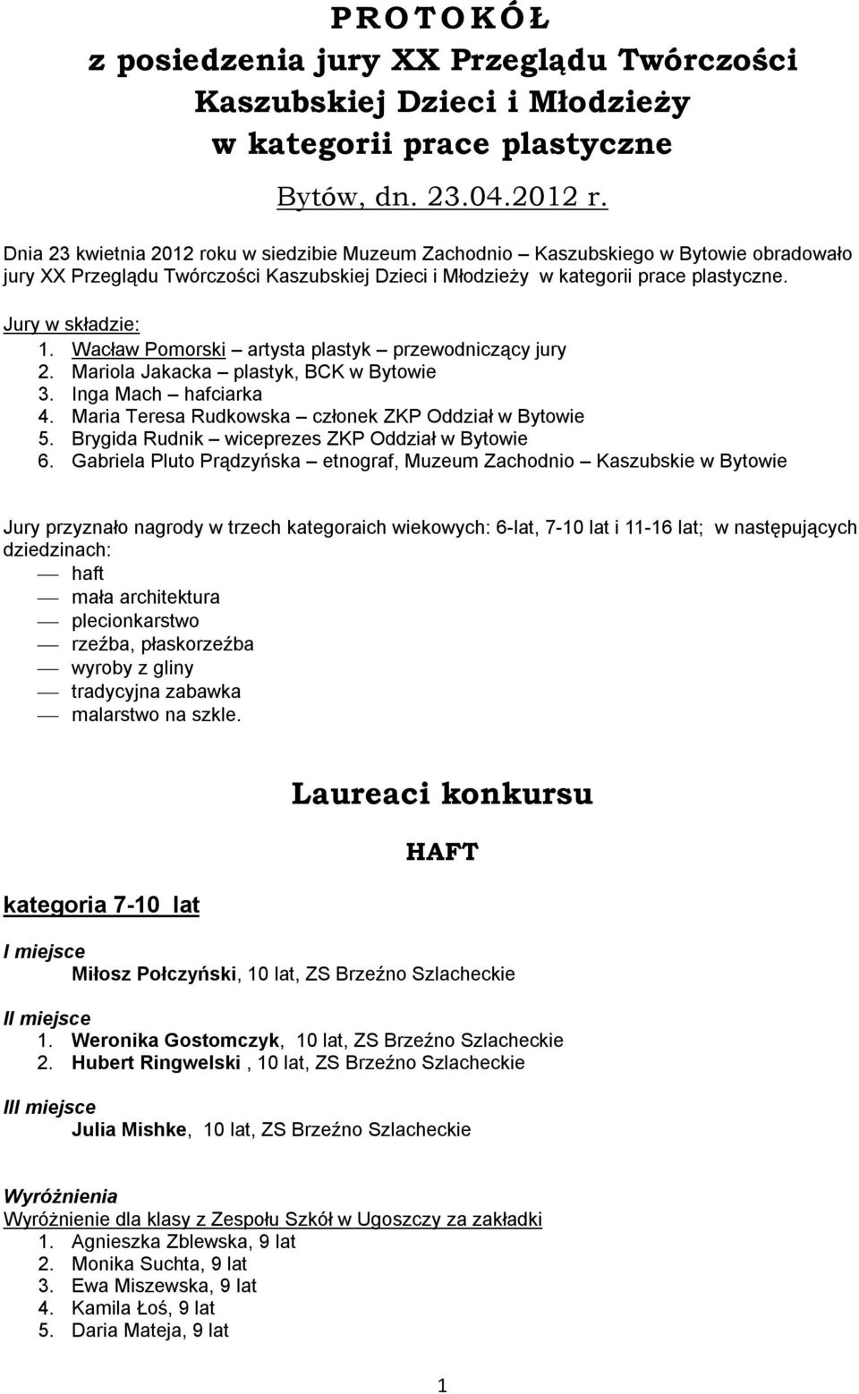 Wacław Pomorski artysta plastyk przewodniczący jury 2. Mariola Jakacka plastyk, BCK w Bytowie 3. Inga Mach hafciarka 4. Maria Teresa Rudkowska członek ZKP Oddział w Bytowie 5.