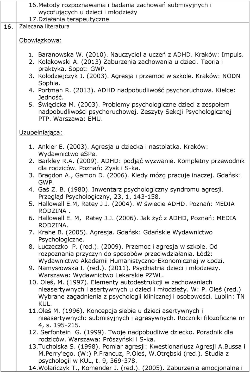 Kraków: NODN Sophia. 4. Portman R. (2013). ADHD nadpobudliwość psychoruchowa. Kielce: Jedność. 5. Święcicka M. (2003). Problemy psychologiczne dzieci z zespołem nadpobudliwości psychoruchowej.