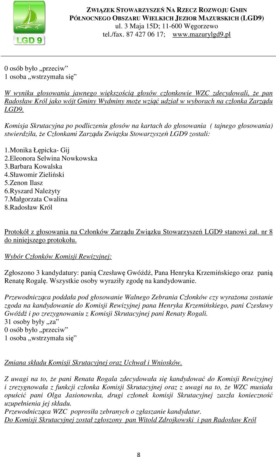 Eleonora Selwina Nowkowska 3.Barbara Kowalska 4.Sławomir Zieliński 5.Zenon Ilasz 6.Ryszard Należyty 7.Małgorzata Cwalina 8.