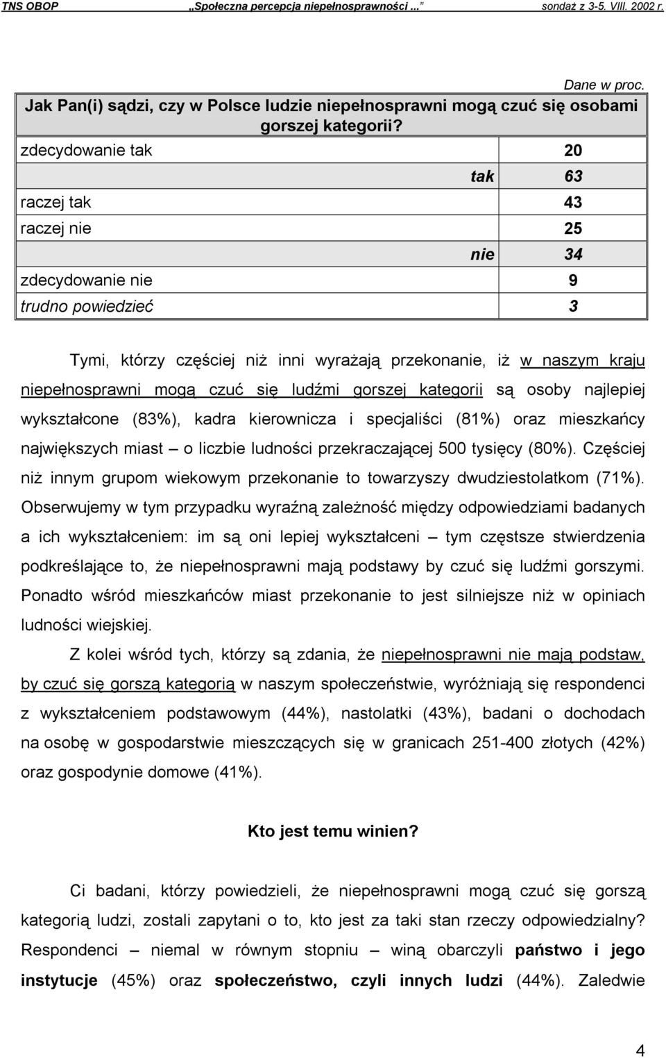 się ludźmi gorszej kategorii są osoby najlepiej wykształcone (83%), kadra kierownicza i specjaliści (81%) oraz mieszkańcy największych miast o liczbie ludności przekraczającej 500 tysięcy (80%).