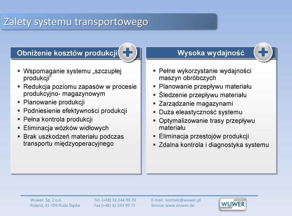 podczas transportu międzyoperacyjnego Wysoka Positive wydajność Pełne wykorzystanie wydajności maszyn obróbczych Planowanie przepływu materiału Śledzenie