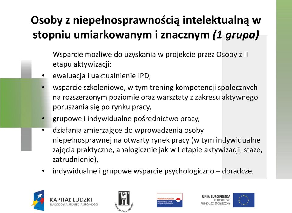 aktywnego poruszania się po rynku pracy, grupowe i indywidualne pośrednictwo pracy, działania zmierzające do wprowadzenia osoby niepełnosprawnej na otwarty