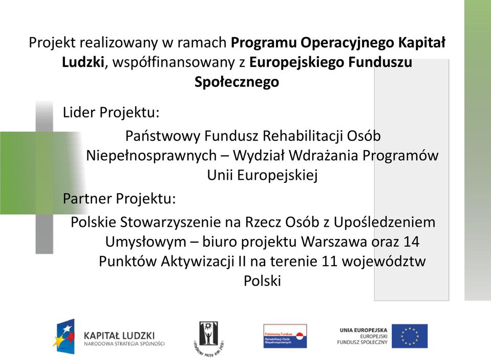 Wdrażania Programów Unii Europejskiej Partner Projektu: Polskie Stowarzyszenie na Rzecz Osób z